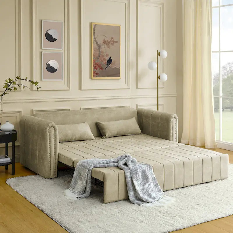 3 in 1 Pull-Out Sleeper Sofa Bed,Modern Convertible 3 Seats Lounge Futon Sofabed with Rolled Arms Decorated with Copper Nails