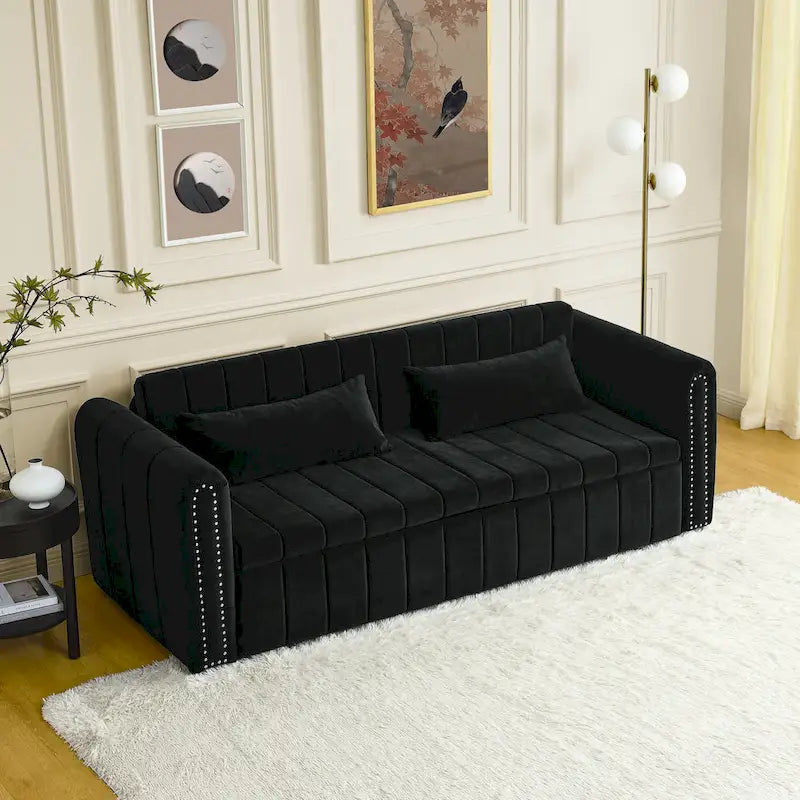 3 in 1 Pull-Out Sleeper Sofa Bed,Modern Convertible 3 Seats Lounge Futon Sofabed with Rolled Arms Decorated with Copper Nails