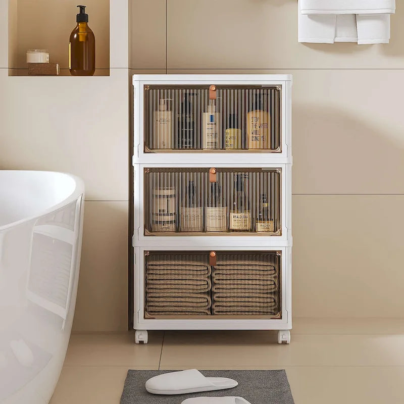 3 Tier Bathroom Storage Cabinet Storage Bins with Lid Stackable Storage Boxes Foldable Storage Organizers
