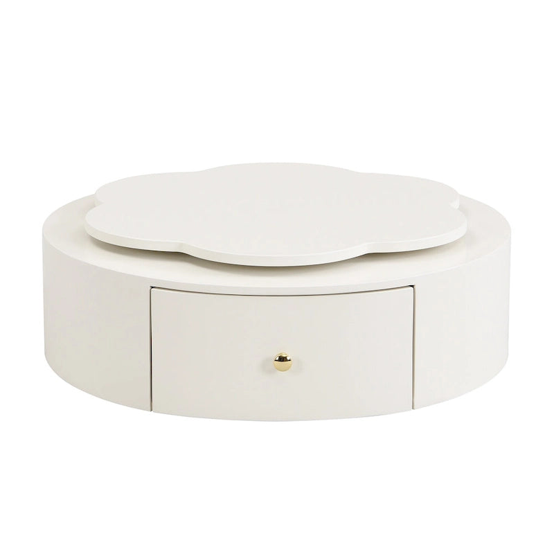 Modern Round Coffee Table Set of 2, 360-Degree Rotatable Flower-shaped Top with 2 Drawers, Top Circle Side Table with Glass