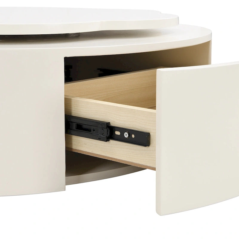 Modern Round Coffee Table Set of 2, 360-Degree Rotatable Flower-shaped Top with 2 Drawers, Top Circle Side Table with Glass