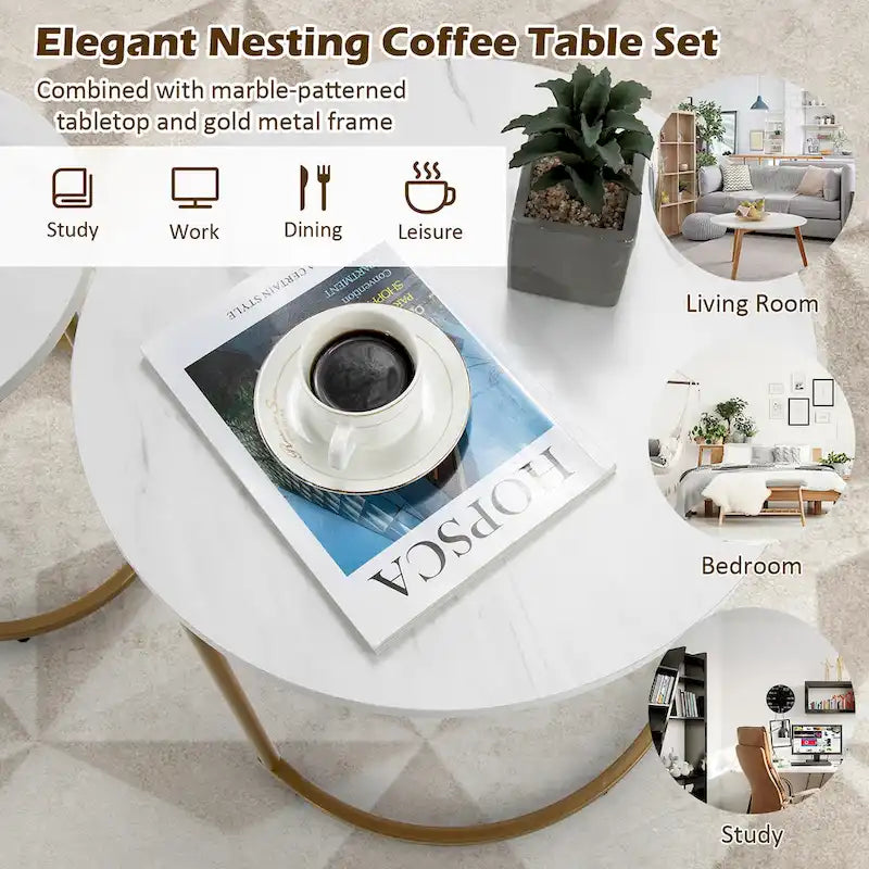 Nesting Coffee Table Modern Set of 2 Marble Coffee Side Table