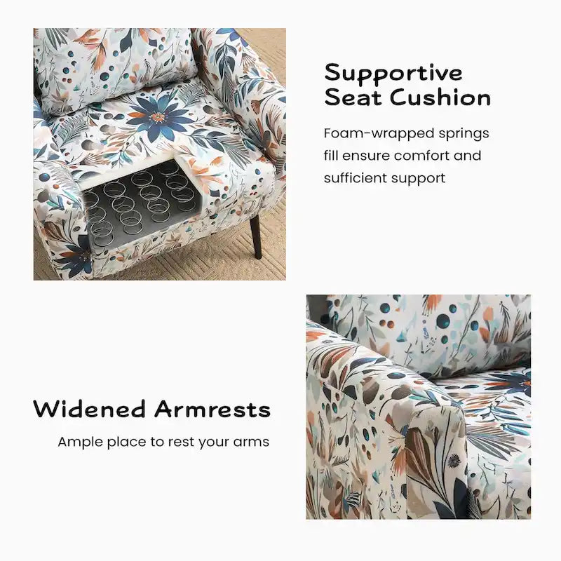 Floral Print Accent Chair, Upholstered Reading Arm Chair For Living Room Bedroom With Adjustable Sturdy Metal Legs