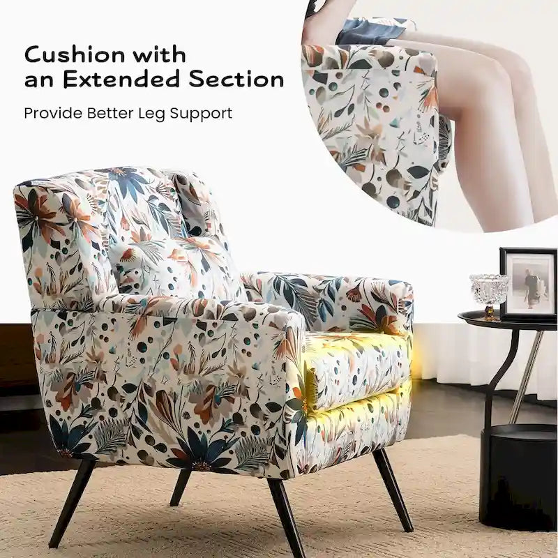 Floral Print Accent Chair, Upholstered Reading Arm Chair For Living Room Bedroom With Adjustable Sturdy Metal Legs