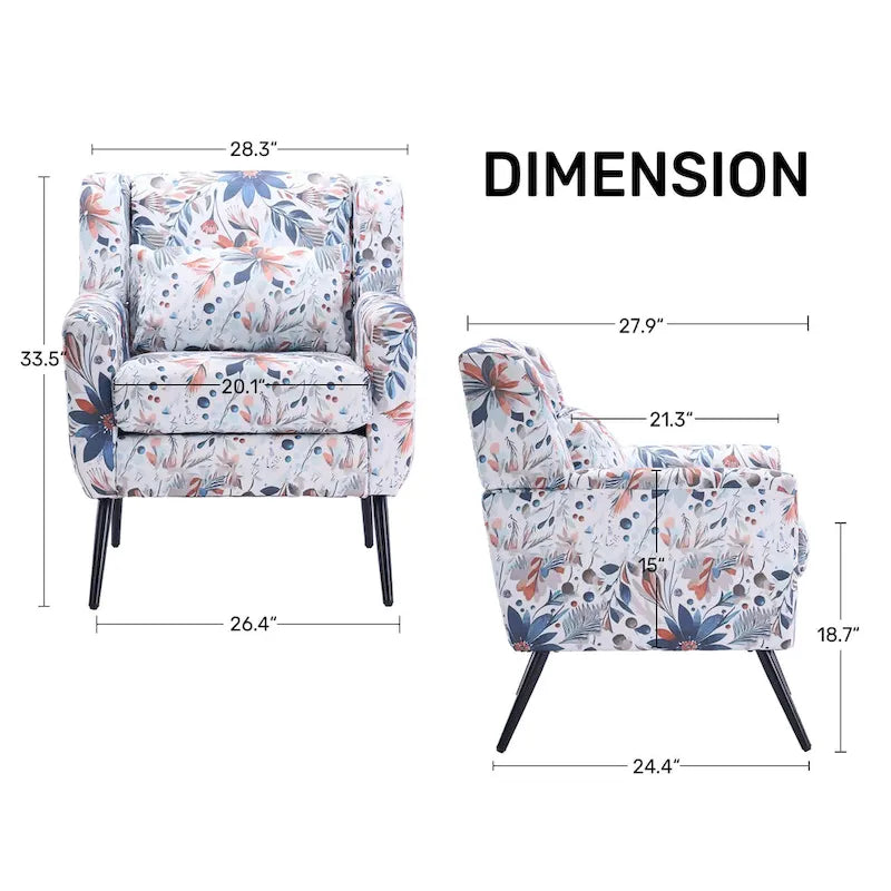 Floral Print Accent Chair, Upholstered Reading Arm Chair For Living Room Bedroom With Adjustable Sturdy Metal Legs