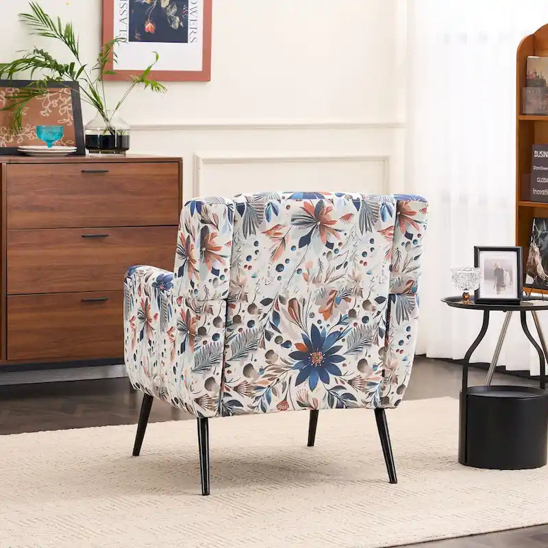 Floral Print Accent Chair, Upholstered Reading Arm Chair For Living Room Bedroom With Adjustable Sturdy Metal Legs