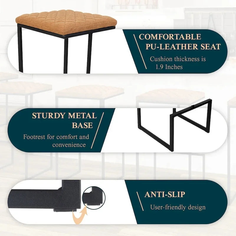 Modern Leather Quilted Counter Height Barstool with Upholstered Square Seats & Footrest for Home Bar & Kitchen Counters