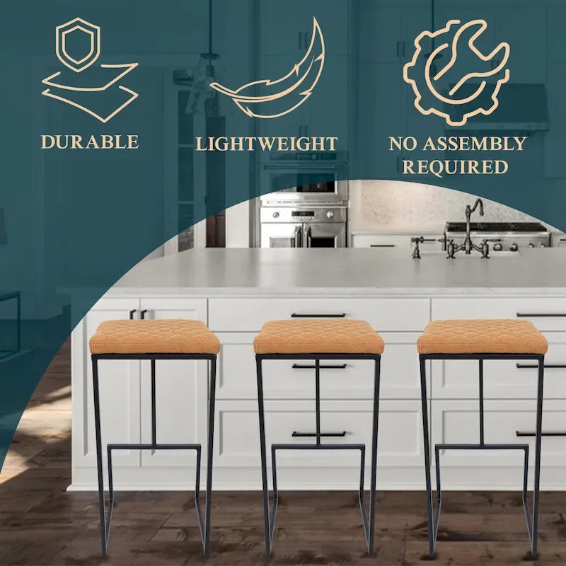 Modern Leather Quilted Counter Height Barstool with Upholstered Square Seats & Footrest for Home Bar & Kitchen Counters
