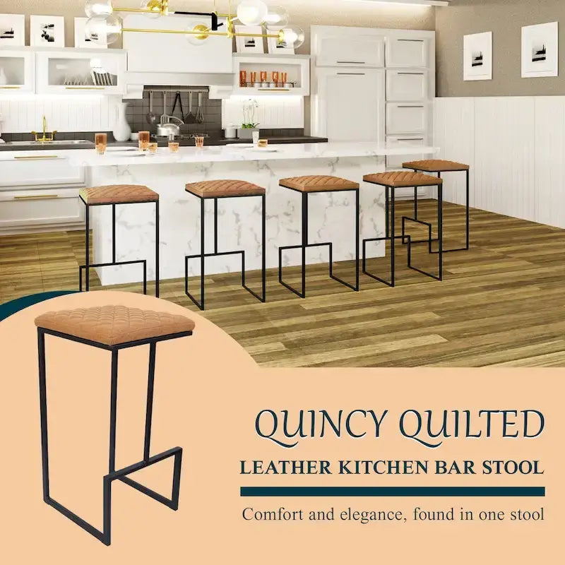Modern Leather Quilted Counter Height Barstool with Upholstered Square Seats & Footrest for Home Bar & Kitchen Counters