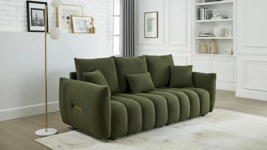 Green Teddy 3-seater Sofa with Back Pillows and Wood Frame