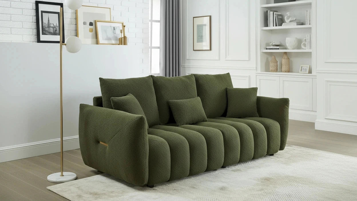 Green Teddy 3-seater Sofa with Back Pillows and Wood Frame