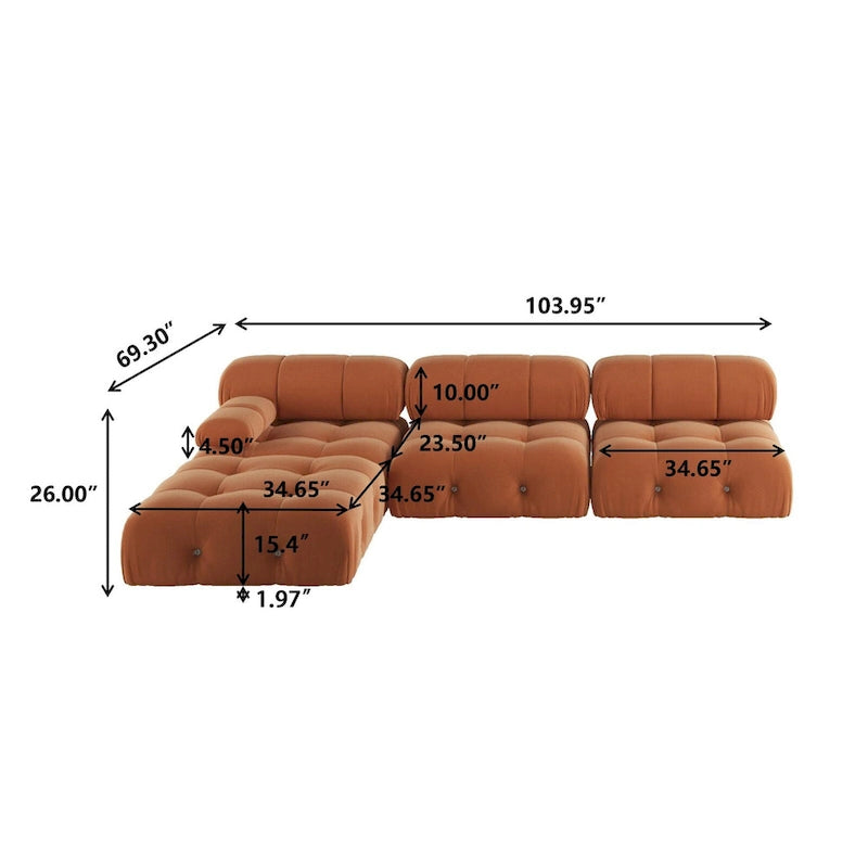 Velvet Sectional Sofa Reversible Modular Couch, Orange