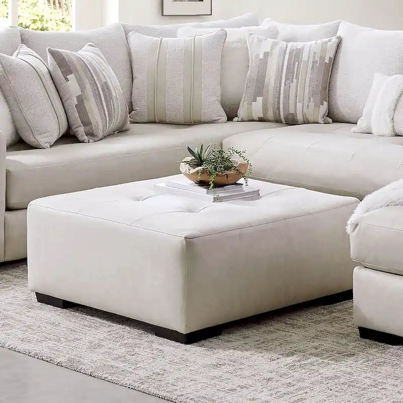 Transitional Ivory Faux Leather Button Tufted Ottoman