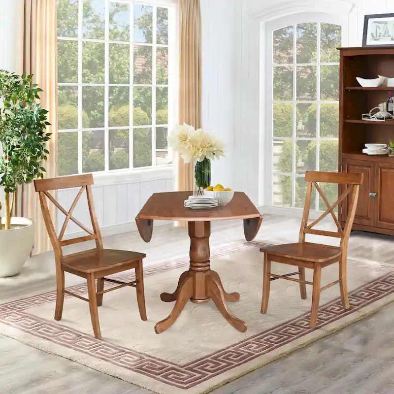 42 Solid Wood Dual Drop Leaf Table With 2 X-Back Chairs - 3 Piece Set