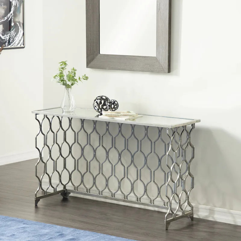 Metal Geometric Console Table with Mirrored Glass Top - Silver - - 18Wx55Lx32H