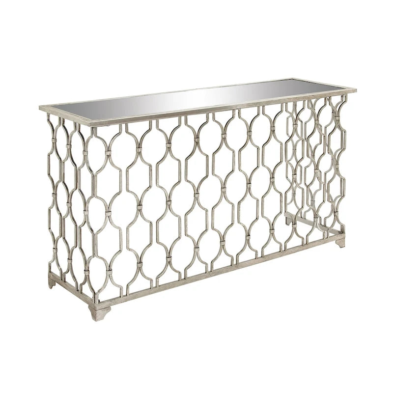 Metal Geometric Console Table with Mirrored Glass Top - Silver - - 18Wx55Lx32H