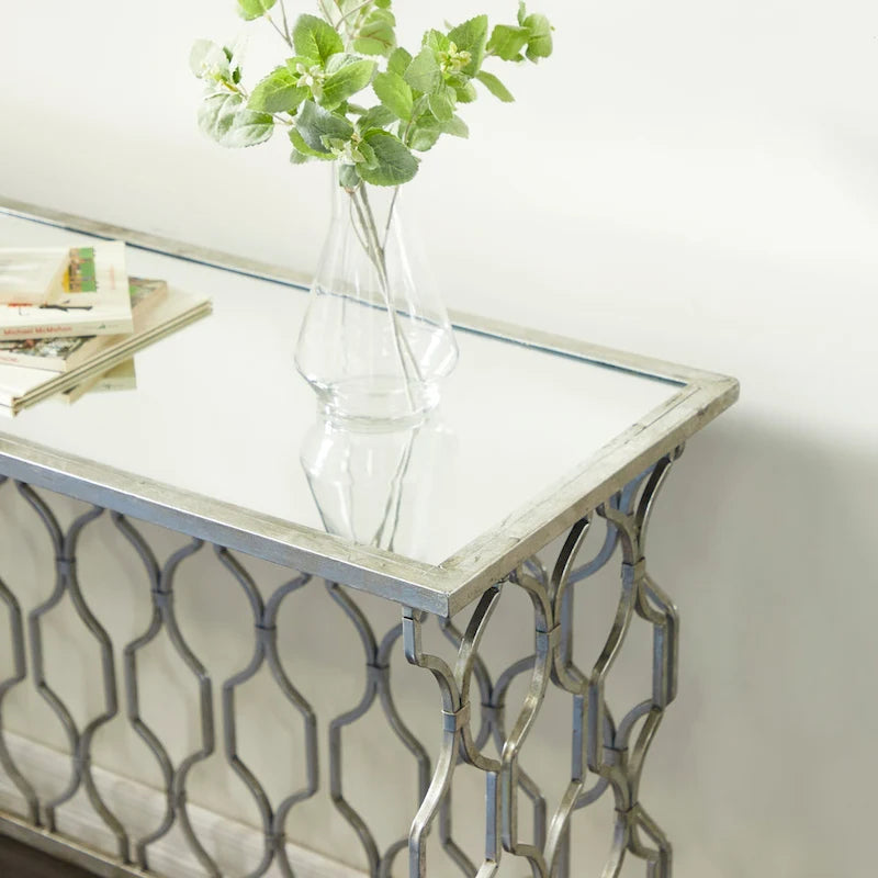 Metal Geometric Console Table with Mirrored Glass Top - Silver - - 18Wx55Lx32H