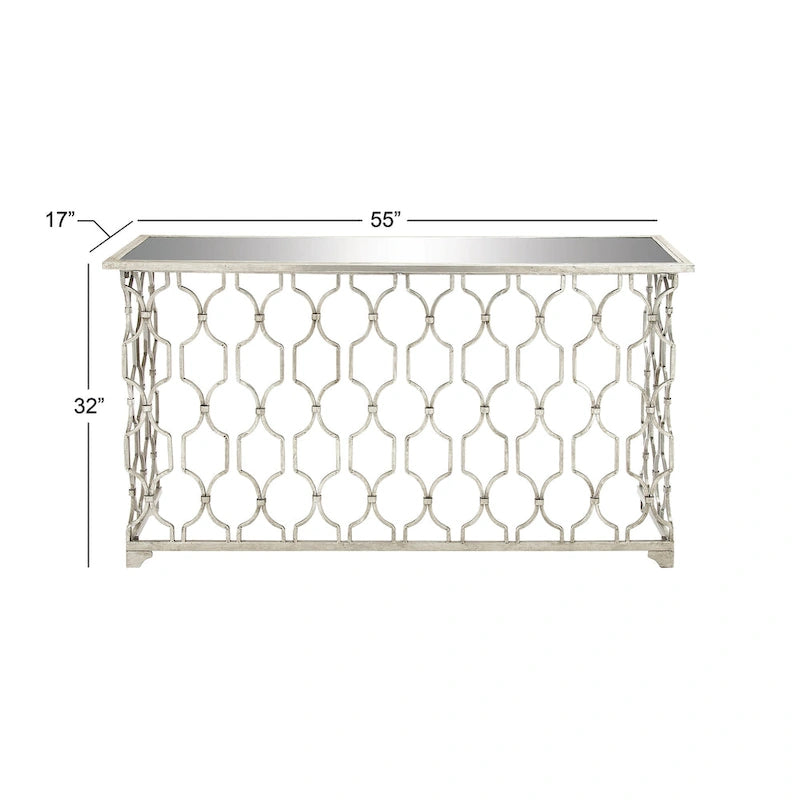 Metal Geometric Console Table with Mirrored Glass Top - Silver - - 18Wx55Lx32H