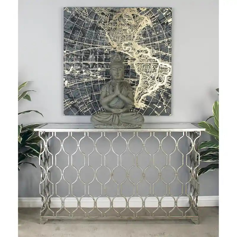 Metal Geometric Console Table with Mirrored Glass Top - Silver - - 18Wx55Lx32H