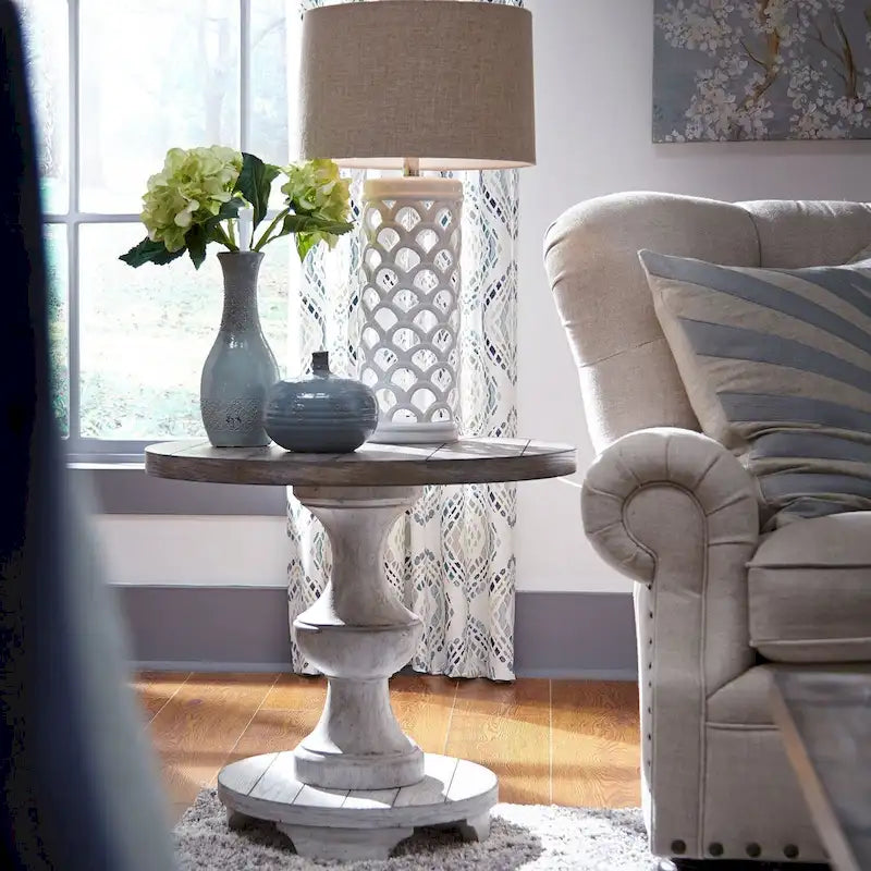 Heavy Distressed White with Gravel Round End Table