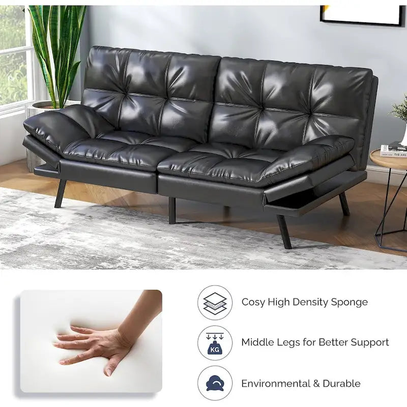 Futon Sofa Bed, Memory Foam Foldable Couch Convertible Loveseat Sleeper Daybed with Adjustable Armrests for Small Space
