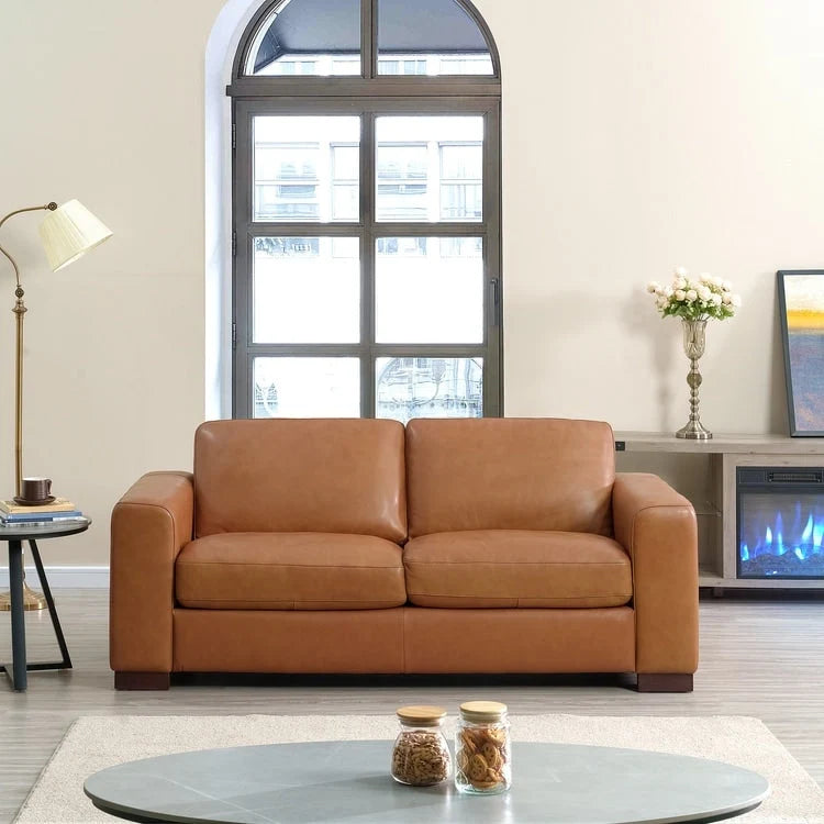 Luxury Cowhide Leather Loveseat with Firm Cushions, Spacious 2-Seat Design, and Bolster Pillows