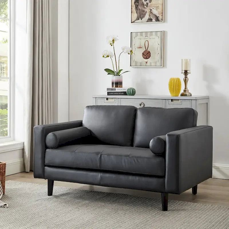 Luxury Cowhide Leather Loveseat with Firm Cushions, Spacious 2-Seat Design, and Bolster Pillows