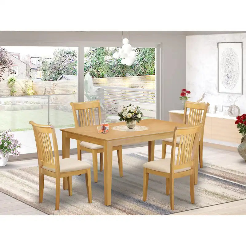 Dining Set- a Rectangle Solid Wood Table and 4 Kitchen Chairs, Oak (Pieces & Seat Options)