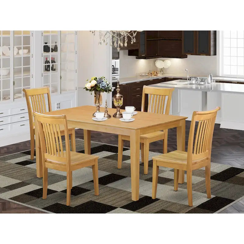 Dining Set- a Rectangle Solid Wood Table and 4 Kitchen Chairs, Oak (Pieces & Seat Options)