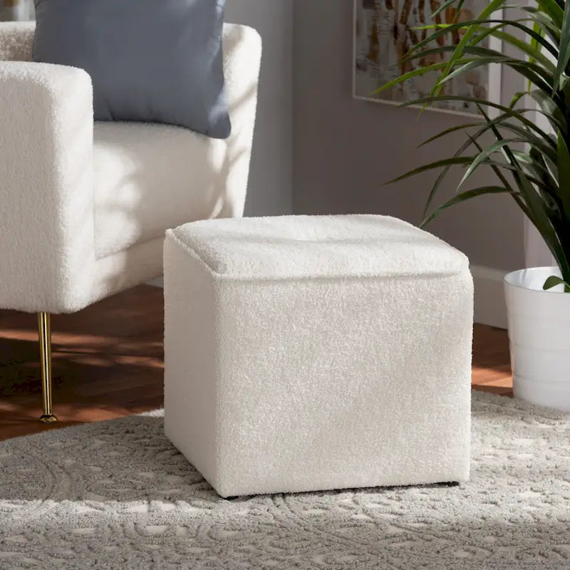Modern and Contemporary Ivory Boucle Upholstered Ottoman