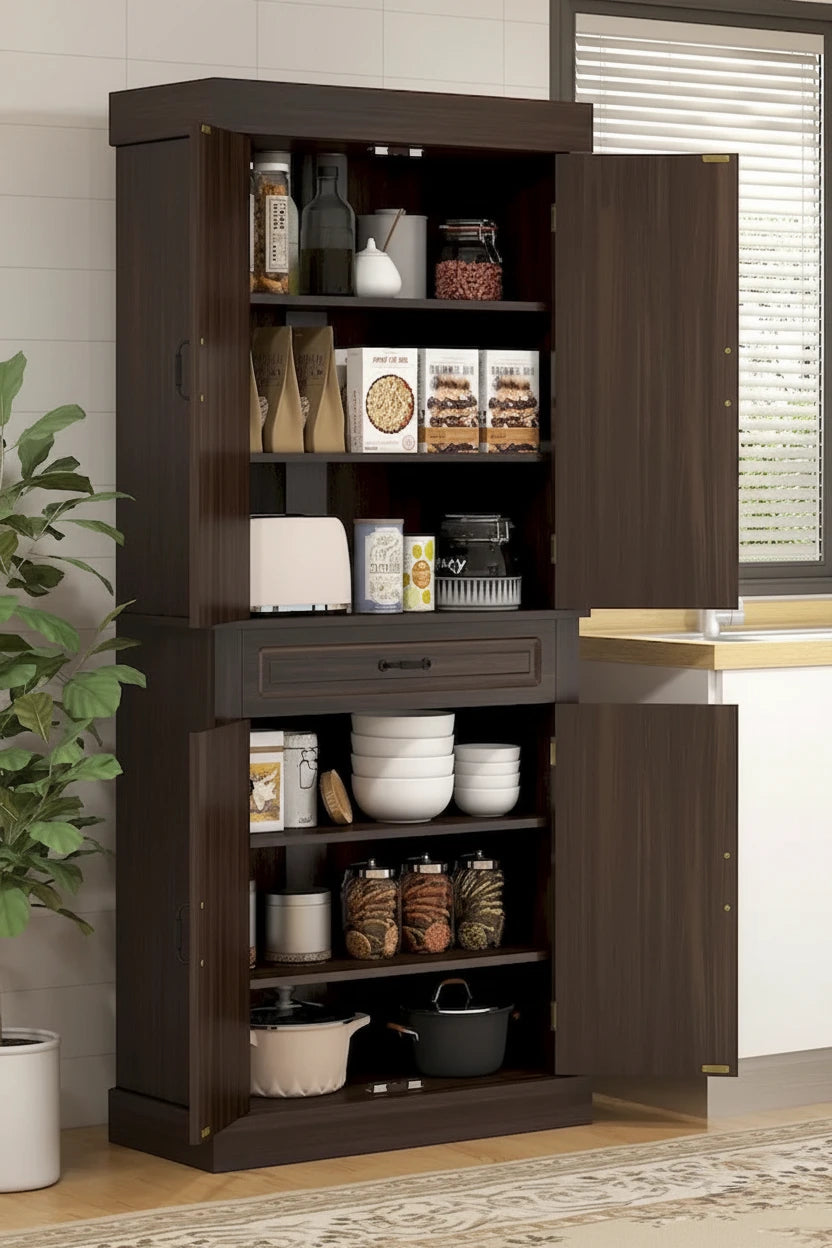 71 Freestanding Kitchen Pantry with 4 Doors, and 2 Large Cabinets, Tall Storage Cabinet with Wide Drawer for Dining Room
