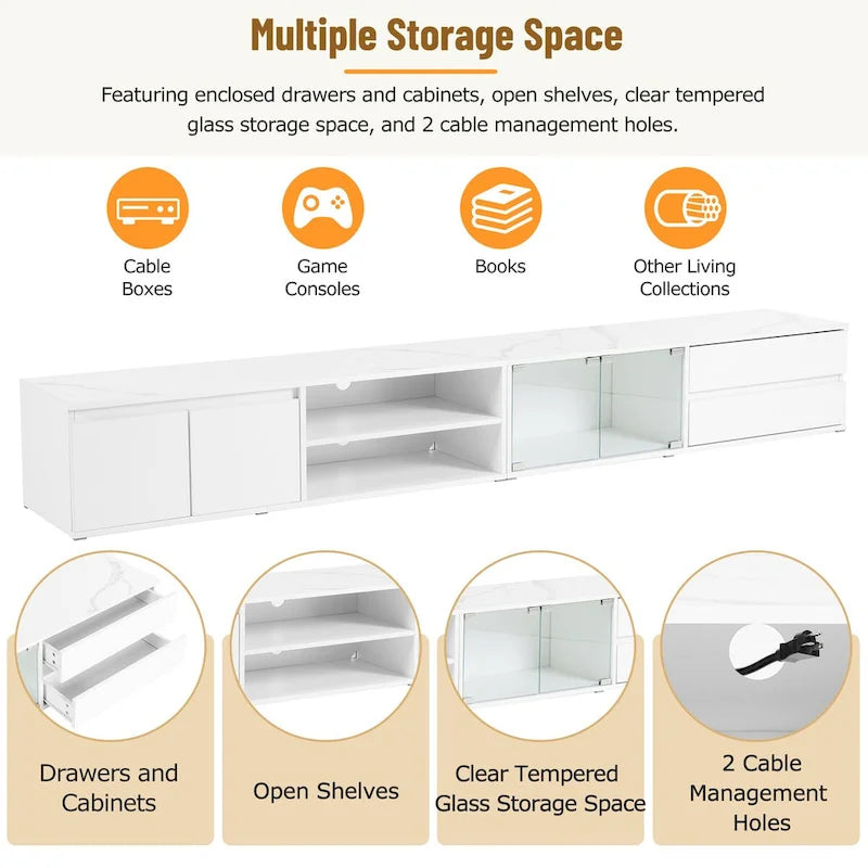 Modern TV Stand for TVs Up to 105,Tempered Glass Doors,Entertainment Center with 2 Drawers & Cabinets for Living Room