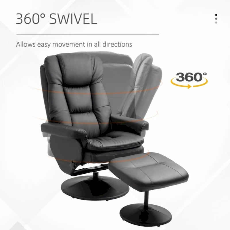 Recliner and Ottoman with Wrapped Base, Swivel PU Leather Reclining Chair with Footrest,Black