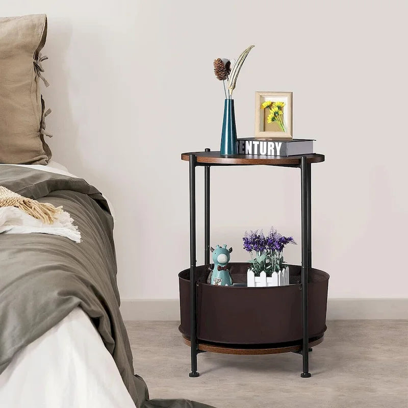Round Storage End Table with Cloth Basket