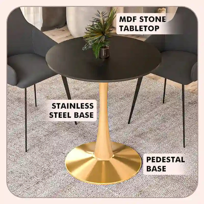 24 Round Dining Table for 4 with MDF Tabletop in Gold Steel Base for Kitchen & Dining Room
