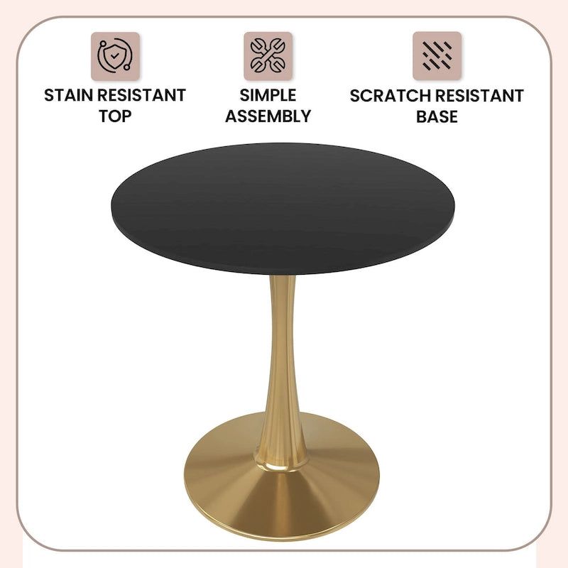 24 Round Dining Table for 4 with MDF Tabletop in Gold Steel Base for Kitchen & Dining Room