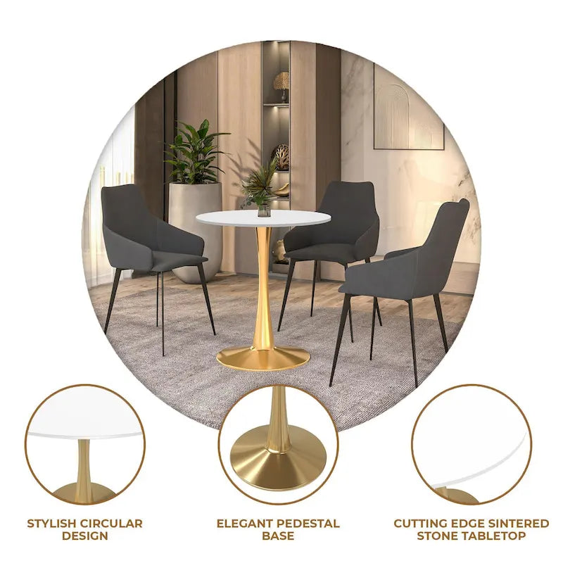 24 Round Dining Table for 4 with MDF Tabletop in Gold Steel Base for Kitchen & Dining Room
