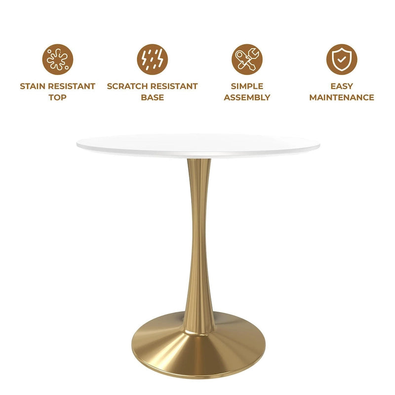 24 Round Dining Table for 4 with MDF Tabletop in Gold Steel Base for Kitchen & Dining Room
