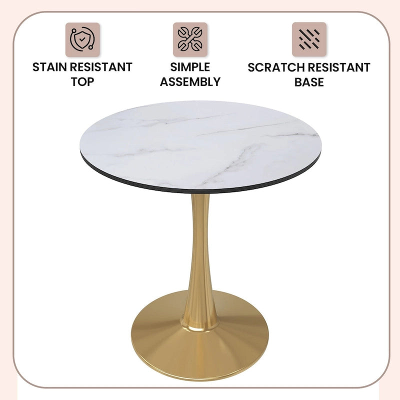 24 Round Dining Table for 4 with MDF Tabletop in Gold Steel Base for Kitchen & Dining Room