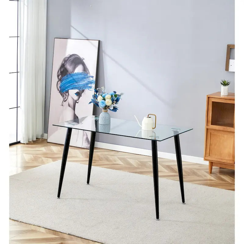 Glass Dining Table Modern Minimalist Rectangle Table for 4 Tempered Glass Tabletop with Metal Legs for Kitchens,Restaurants